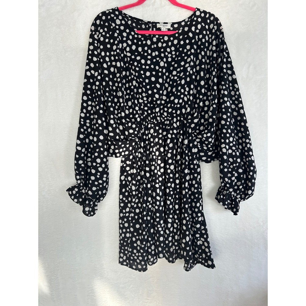 Umgee USA Womens Medium Black White Polka Dot Long Sleeve Mini Dress Ruffle Cuff